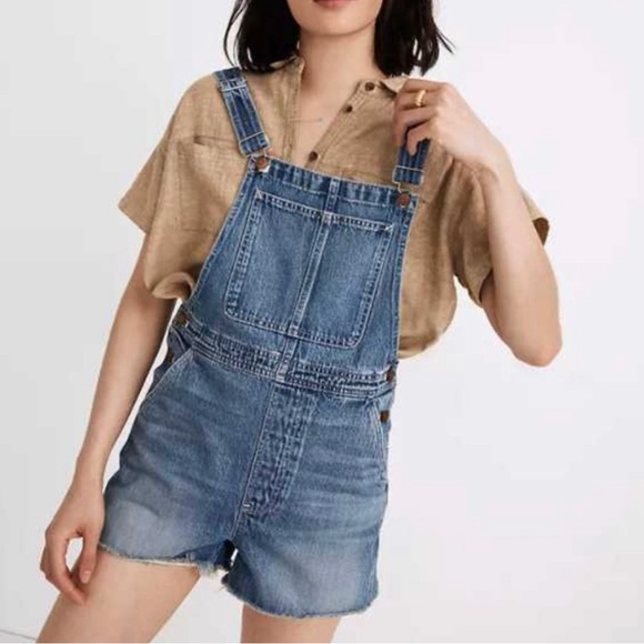 Madewell Denim - Madewell Denim Shortalls Jean Overalls Frayed Hem Cutoff Shorts Medium Wash L